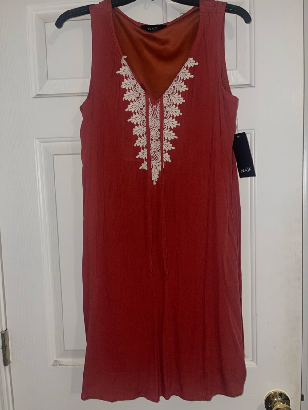 NAIF Terracotta Sleeveless V-Neck Dress with White Embroidery